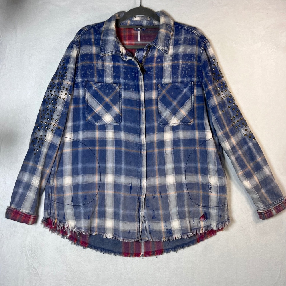 Free People Studded Plaid Zip Up Shirt Blue White Distressed Frayed Hem‎ Small